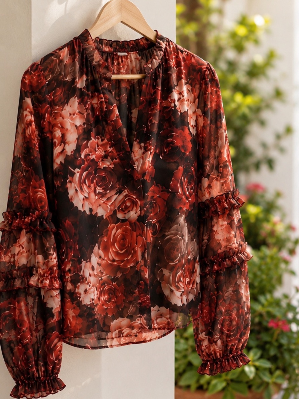 White House Black Market Sheer Rose Print Ruffle Sleeve Blouse XS